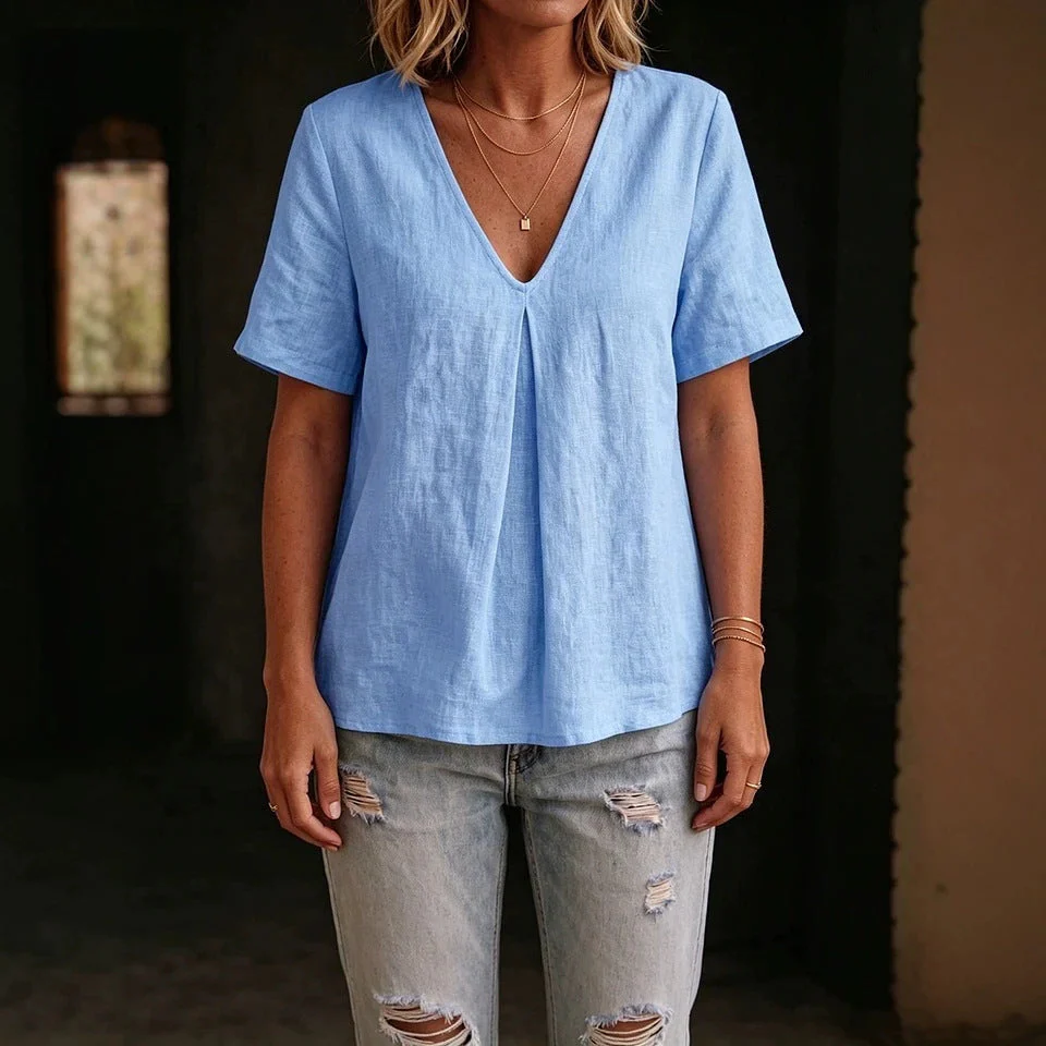 Women's Pleated Cotton-Linen Short-Sleeve Shirt – 5 Colors S–XXL - Image 3