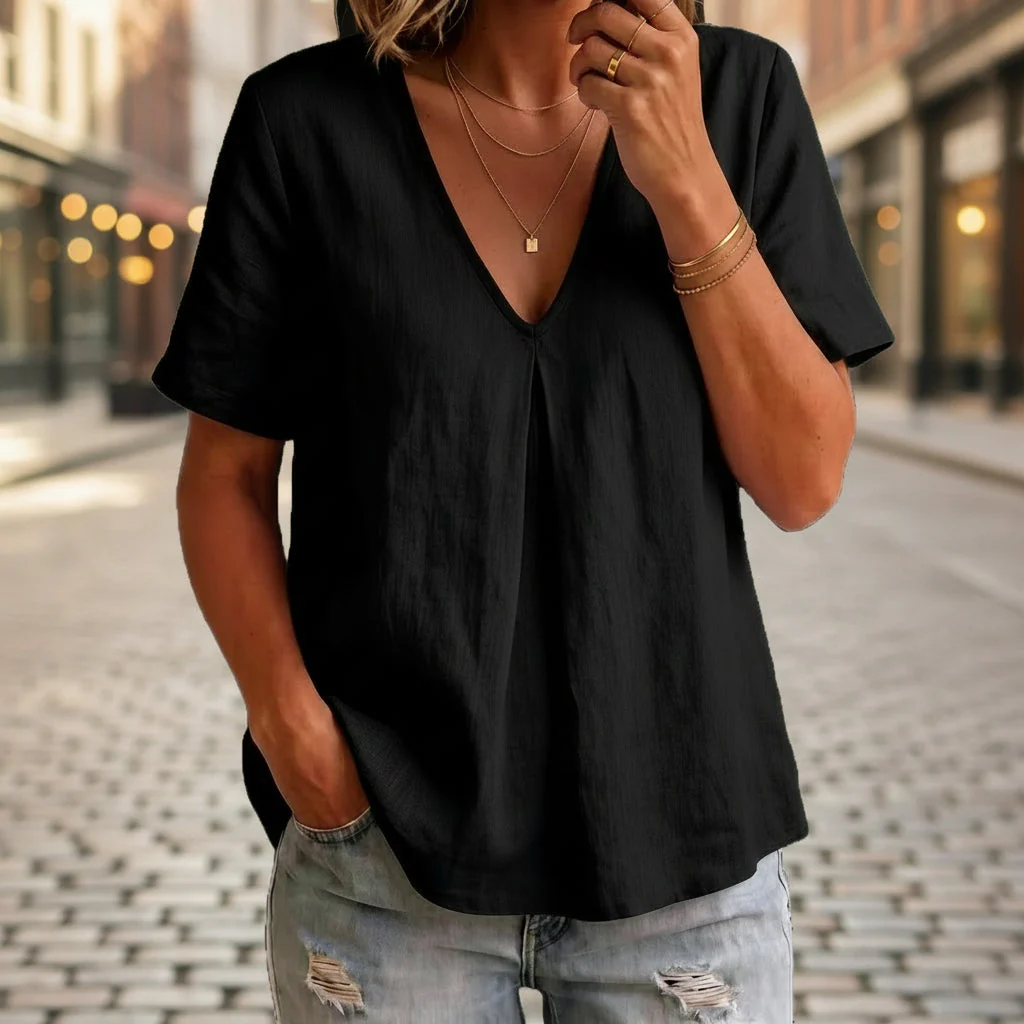 Women's Pleated Cotton-Linen Short-Sleeve Shirt – 5 Colors S–XXL - Image 5