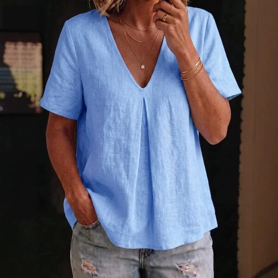 Women's Pleated Cotton-Linen Short-Sleeve Shirt – 5 Colors S–XXL - Image 8