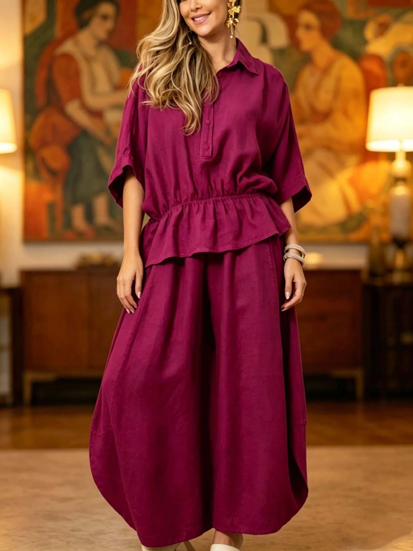 Women's Plus Size Belted Shirt & Wide-Leg Pants Two-Piece Set - Image 10