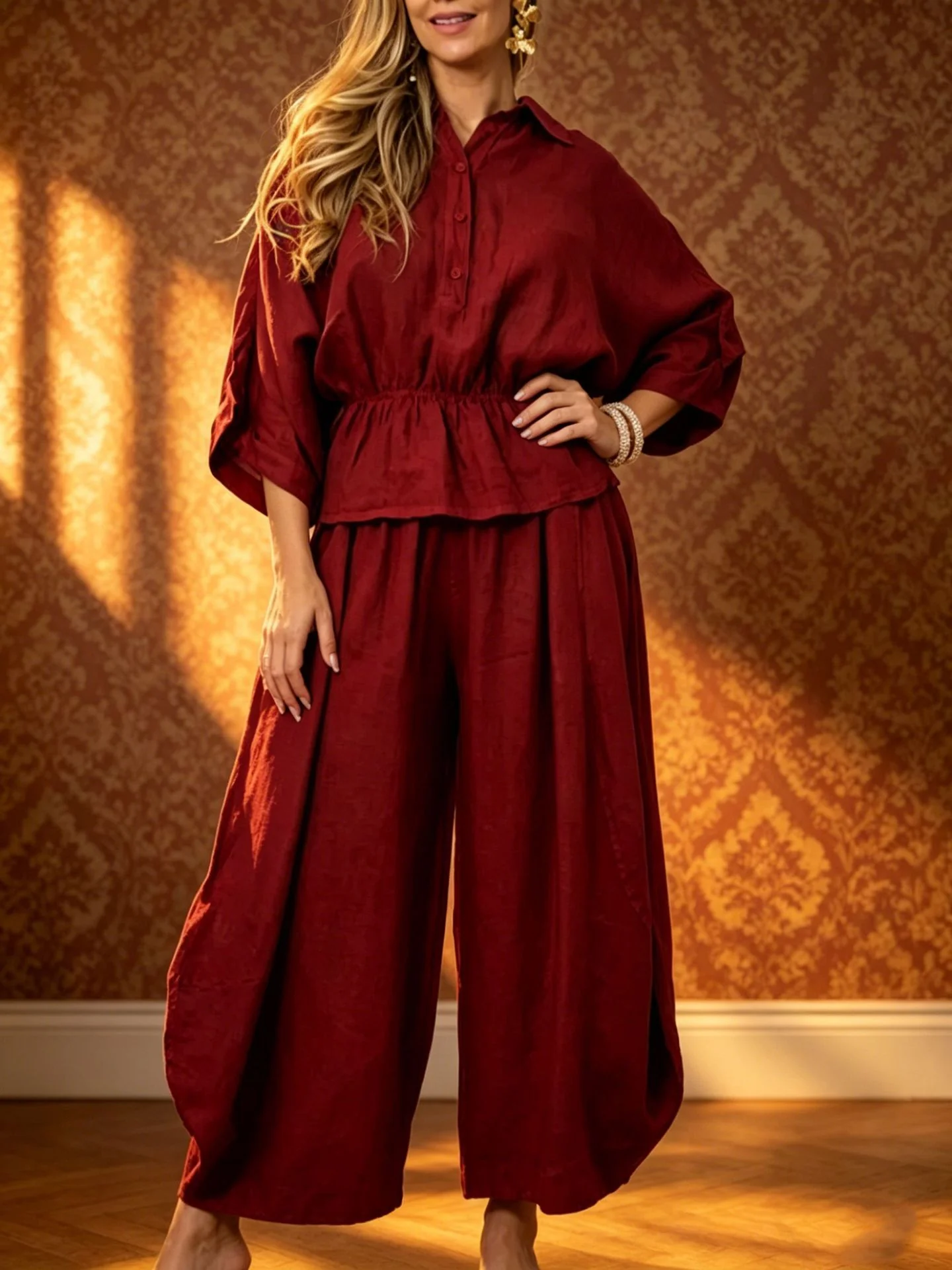 Women's Plus Size Belted Shirt & Wide-Leg Pants Two-Piece Set - Image 11