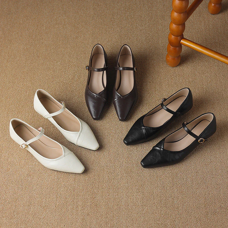 Women's Pointed Toe Low Square Heel Buckle Flats – Floral Detail Dress Shoes - Image 2