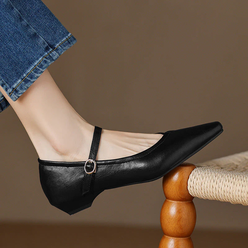 Women's Pointed Toe Low Square Heel Buckle Flats – Floral Detail Dress Shoes - Image 4