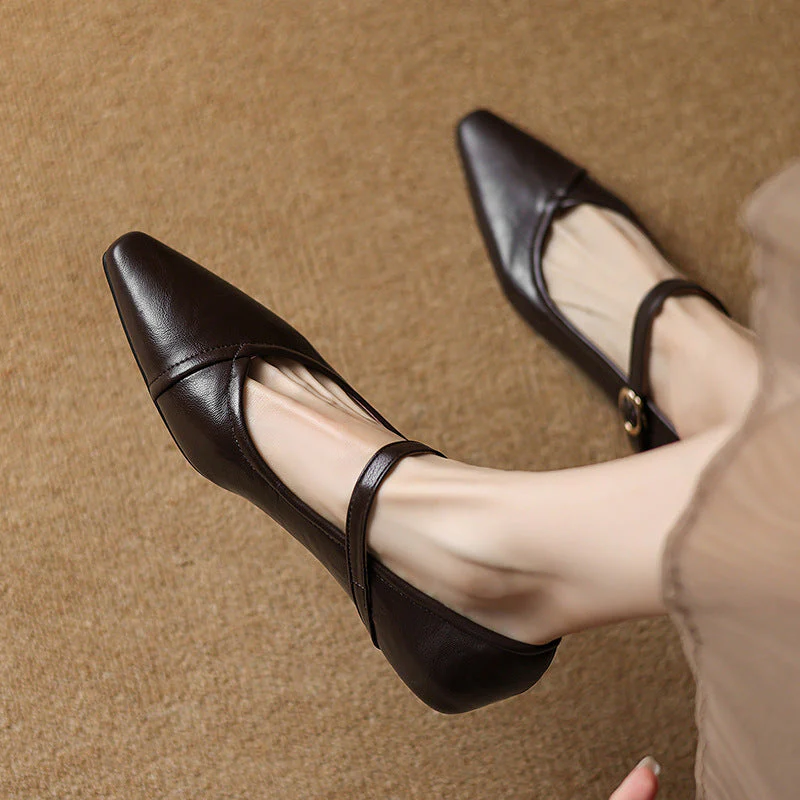 Women's Pointed Toe Low Square Heel Buckle Flats – Floral Detail Dress Shoes - Image 5