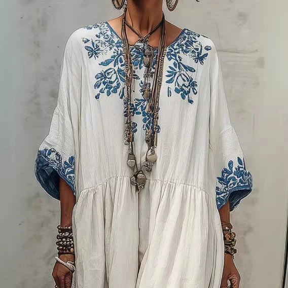 Women's Printed Batwing Sleeve Midi Dress – Loose Fit Linen Blend - Image 3