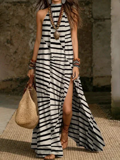 Women's Printed Halterneck Split Maxi Dress – Loose Fit Sleeveless - Image 9