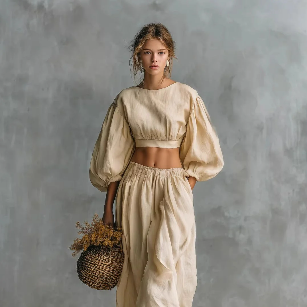 Women's Puff-Sleeve Crew-Neck Two-Piece Set with Pockets - Image 3