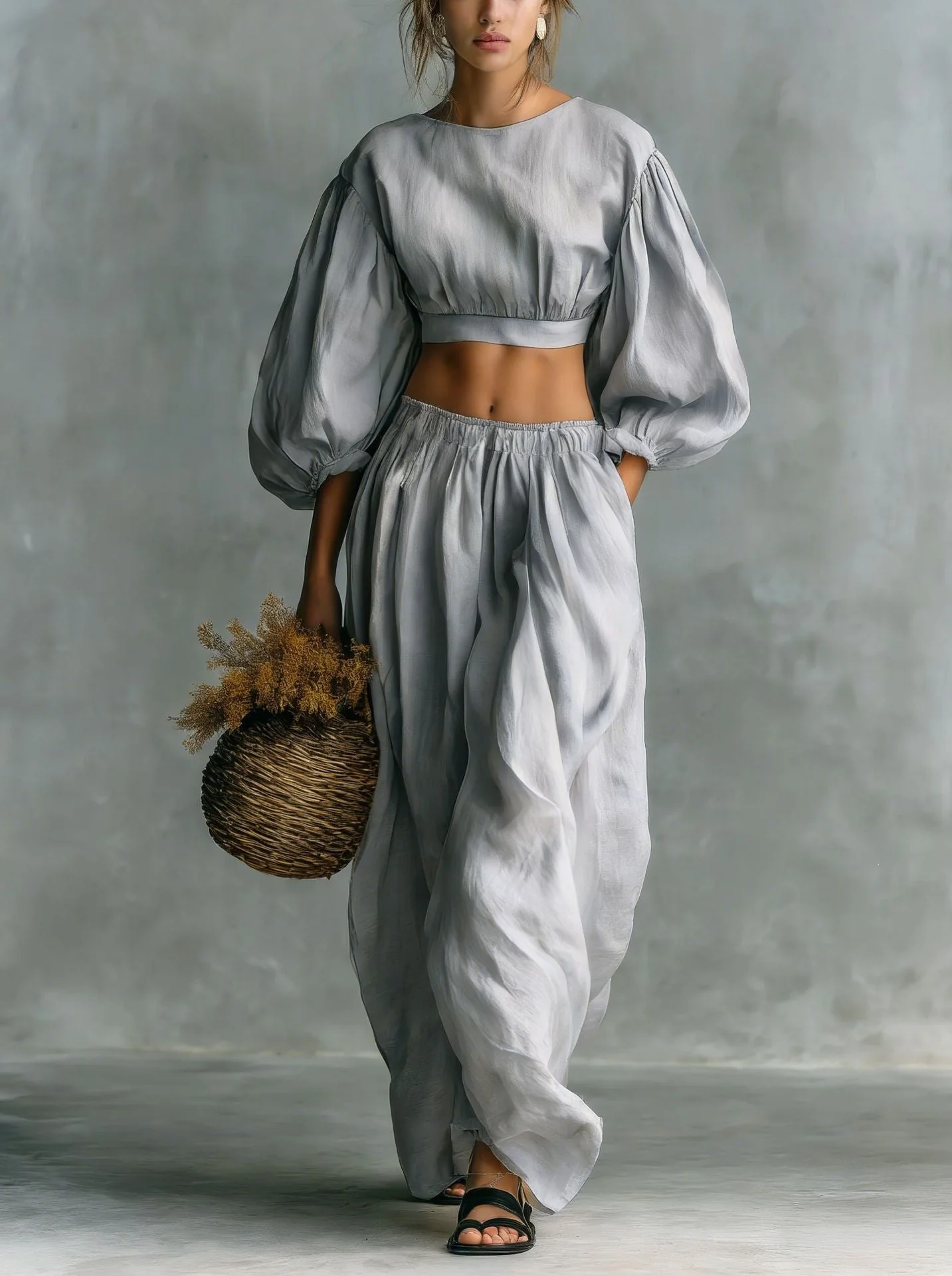 Women's Puff-Sleeve Crew-Neck Two-Piece Set with Pockets - Image 8