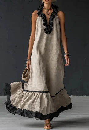 Women's Resort Linen Maxi Dress – Halter Neck Ruffle A-Line Boho - Image 2