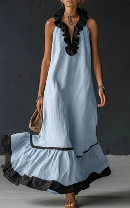 Women's Resort Linen Maxi Dress – Halter Neck Ruffle A-Line Boho - Image 3