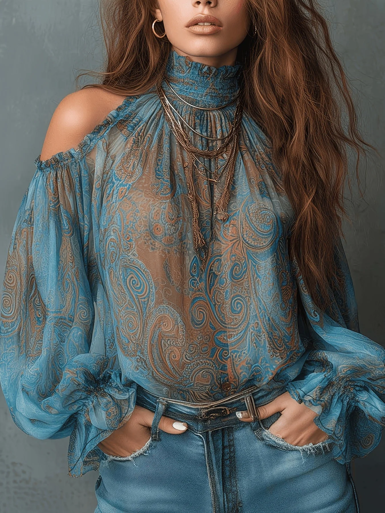 Women's Retro Cashew Print Off-Shoulder Blouse with Lantern Sleeves - Image 9
