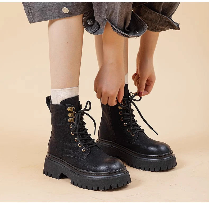 Women's Retro Chunky Heel Mid-Calf Martin Boots – Side Zipper - Image 6