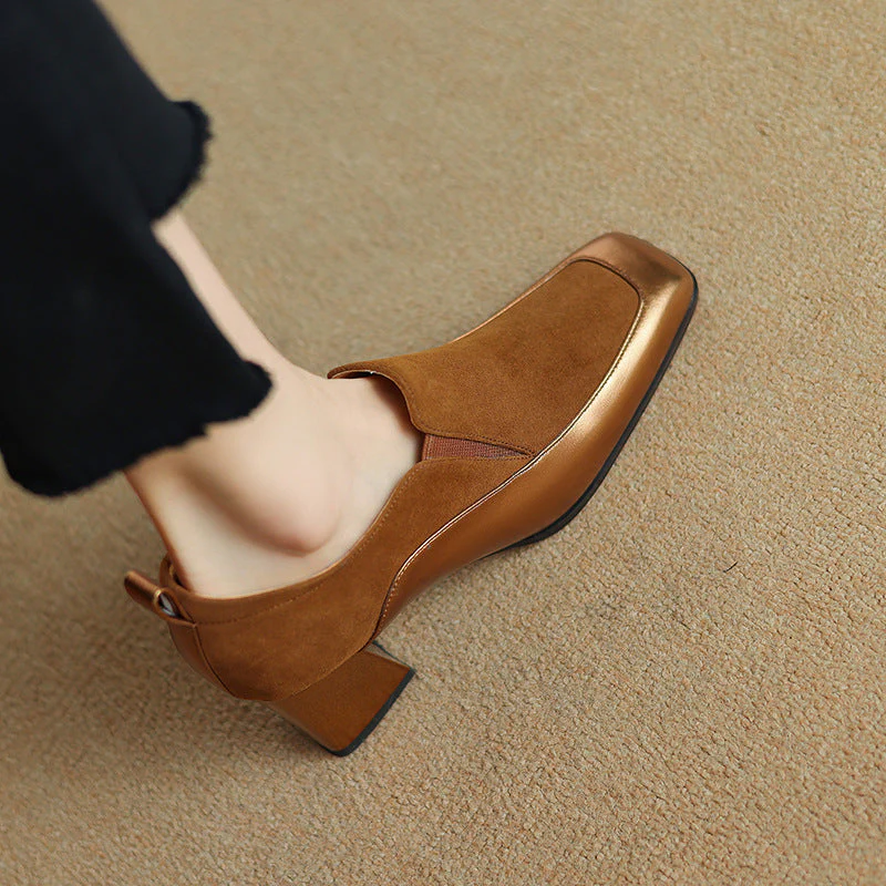 Women's Retro Cowhide Square Toe Chunky Heel Slip-On Pumps - Image 2