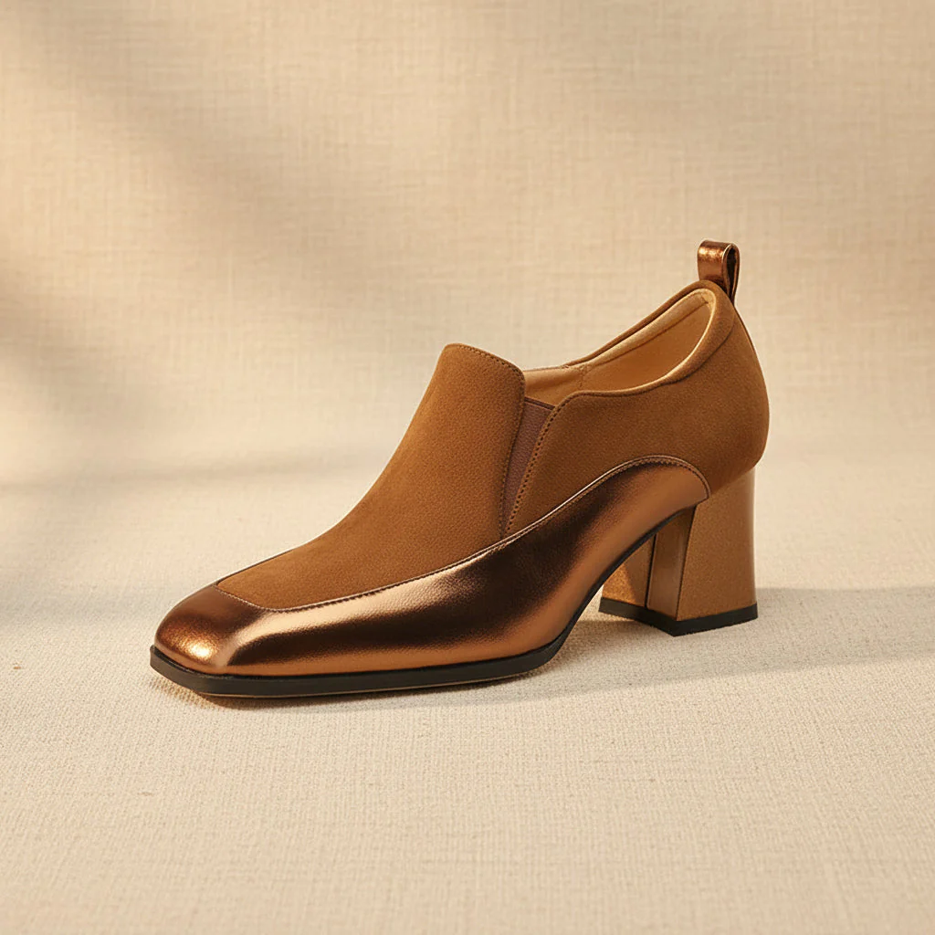 Women's Retro Cowhide Square Toe Chunky Heel Slip-On Pumps - Image 4