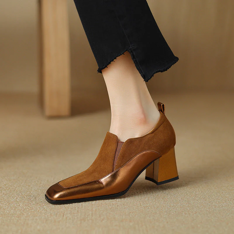 Women's Retro Cowhide Square Toe Chunky Heel Slip-On Pumps - Image 6