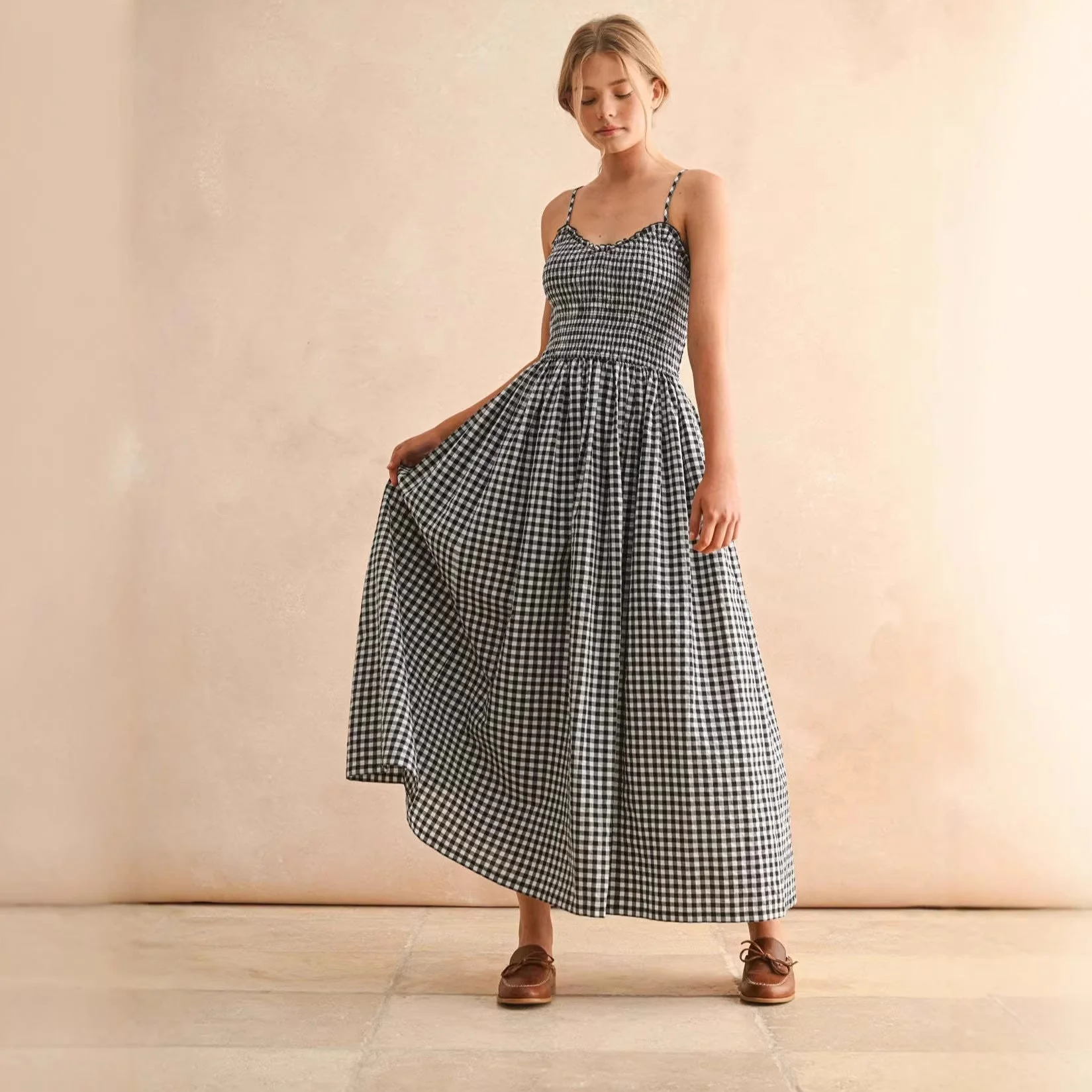 Women's Retro Plaid Sleeveless A-Line Maxi Dress – Fitted Waist Pleated Sundress - Image 3