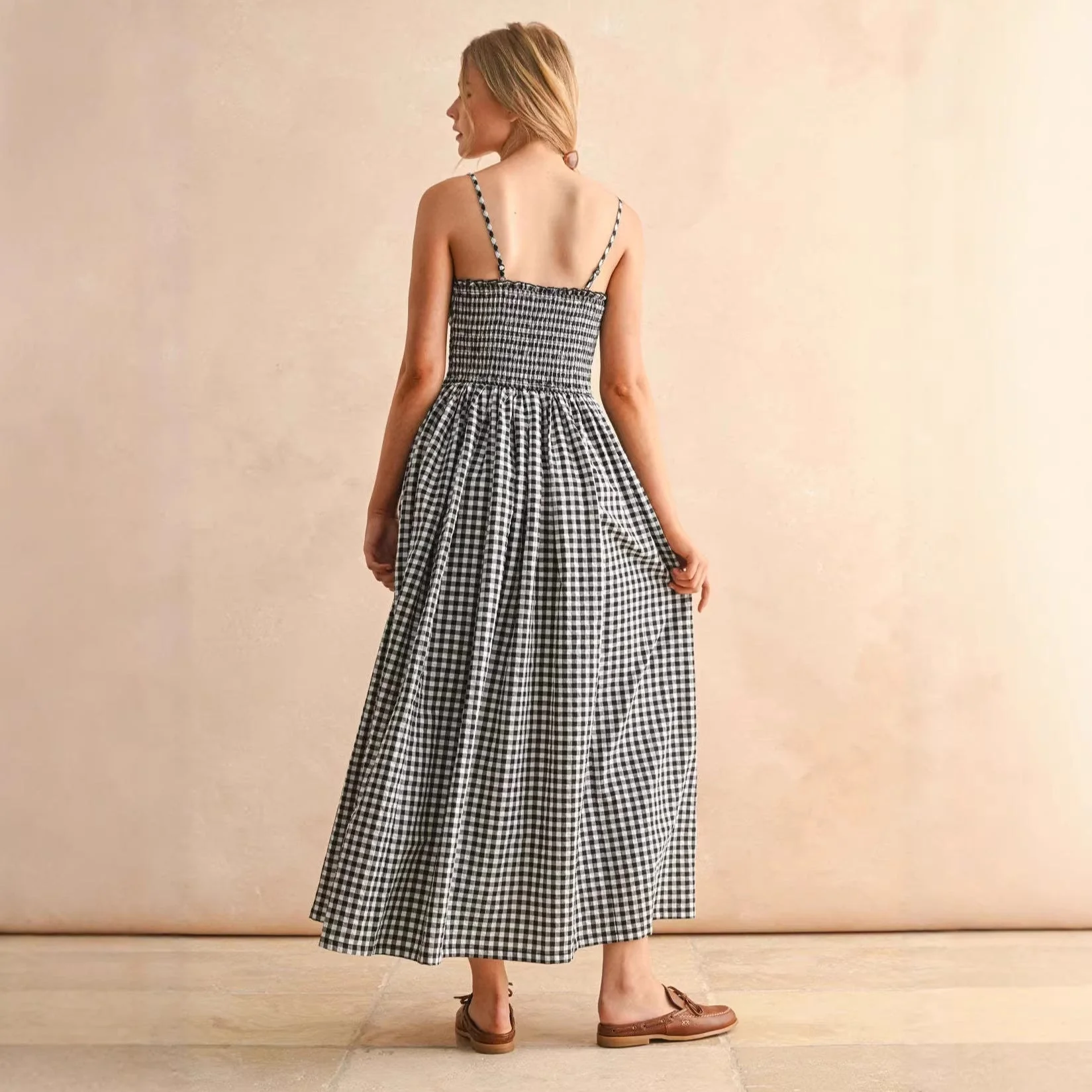 Women's Retro Plaid Sleeveless A-Line Maxi Dress – Fitted Waist Pleated Sundress - Image 4
