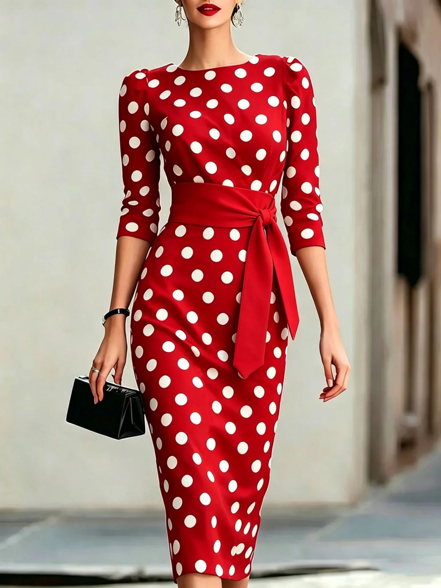 Women's Retro Polka-Dot Bodycon Midi Dress – Belted Cross-Tie - Image 11