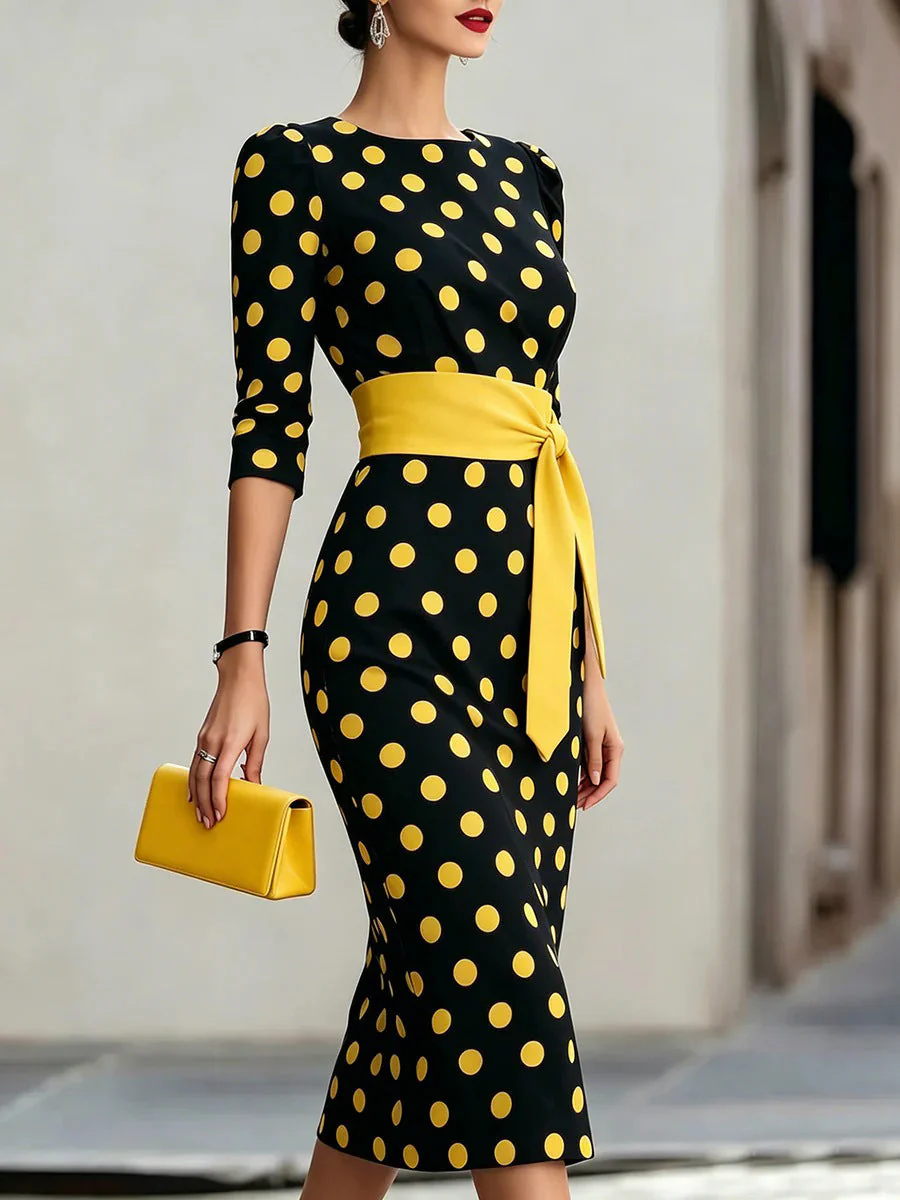 Women's Retro Polka-Dot Bodycon Midi Dress – Belted Cross-Tie - Image 12