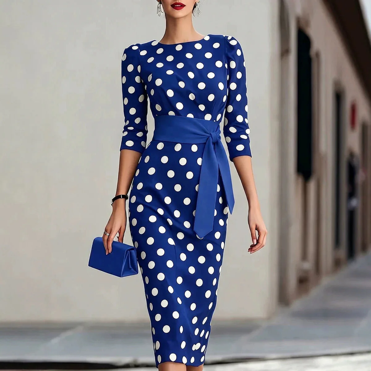 Women's Retro Polka-Dot Bodycon Midi Dress – Belted Cross-Tie - Image 5
