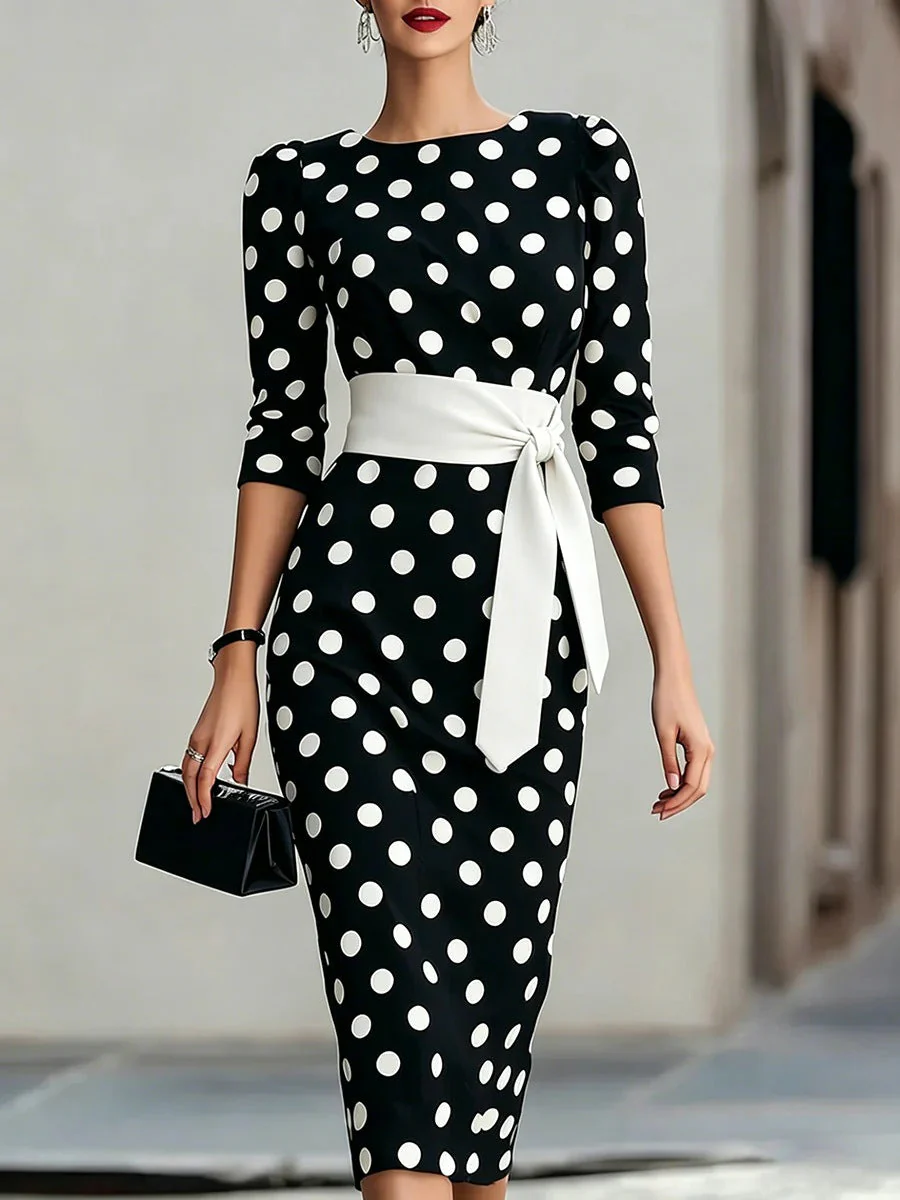 Women's Retro Polka-Dot Bodycon Midi Dress – Belted Cross-Tie - Image 7