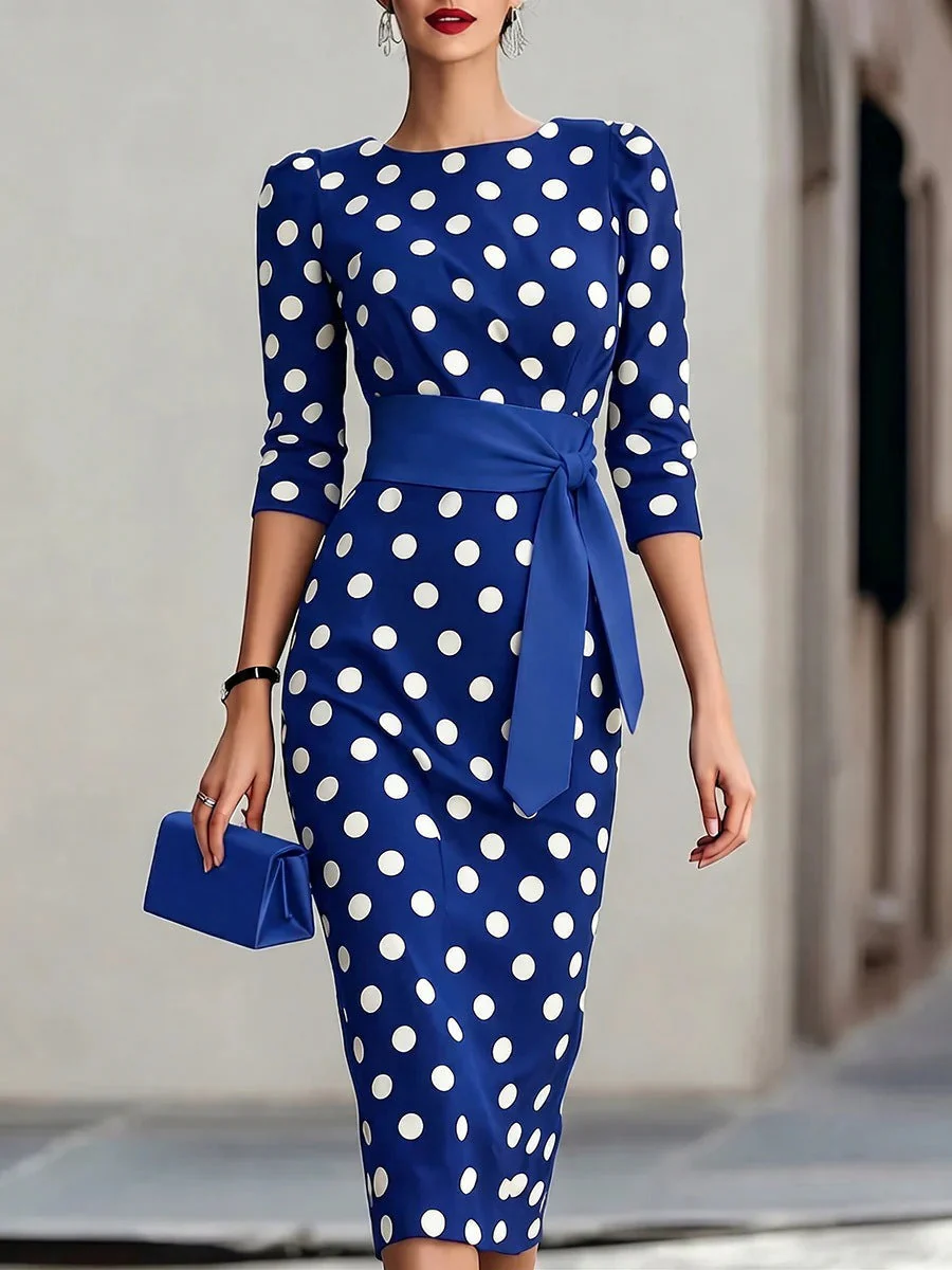 Women's Retro Polka-Dot Bodycon Midi Dress – Belted Cross-Tie - Image 8