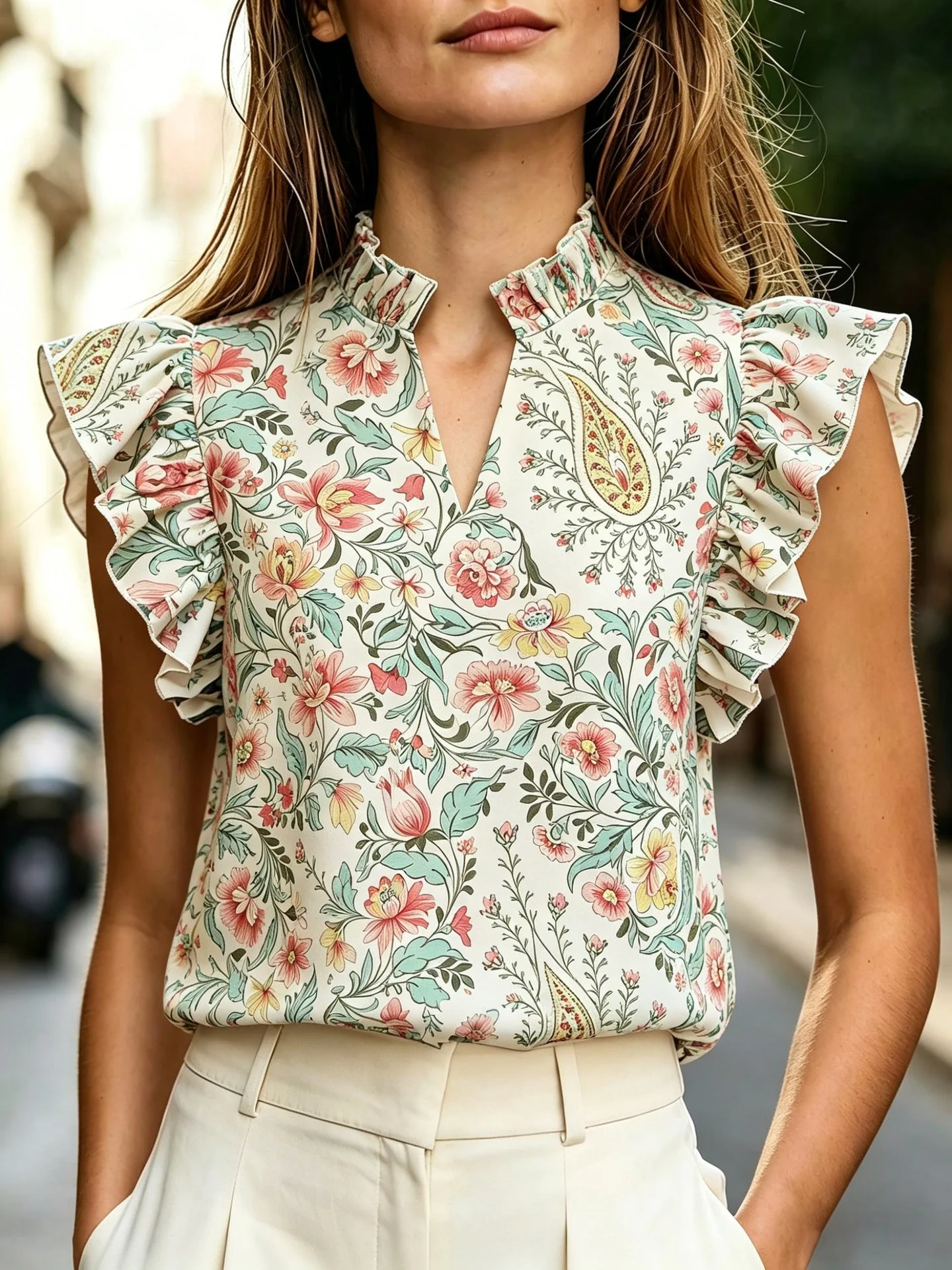 Women's Retro Ruffle-Trim Printed Sleeveless Top - Image 6