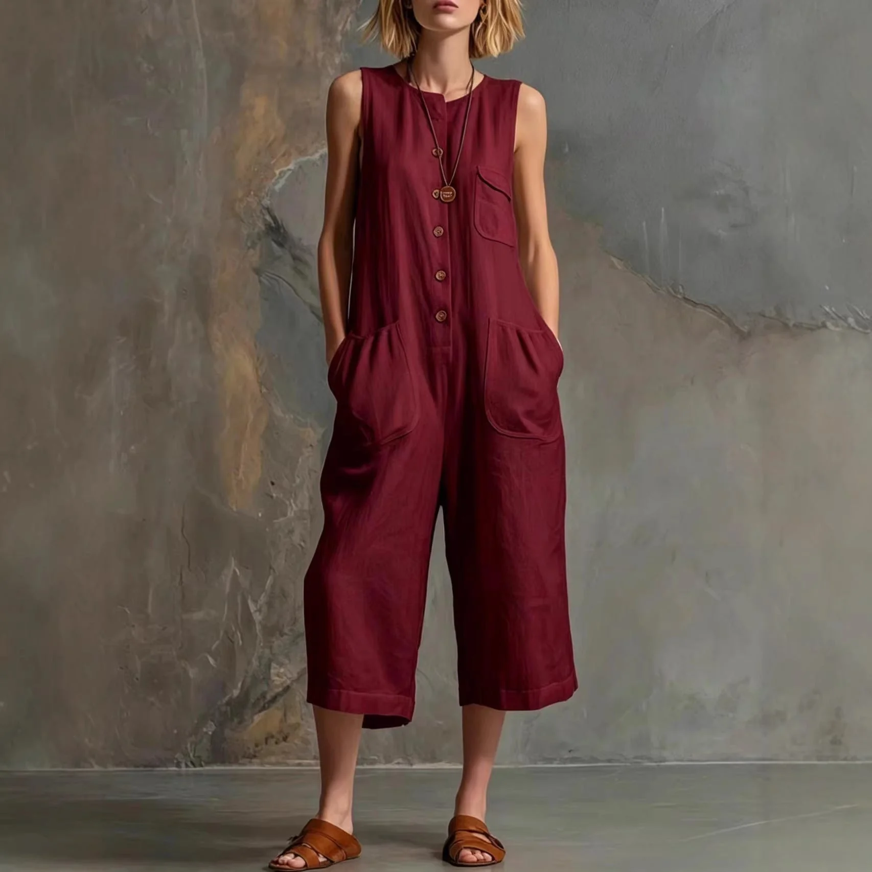 Women's Retro Sleeveless Wide-Leg Cropped Jumpsuit - Image 3