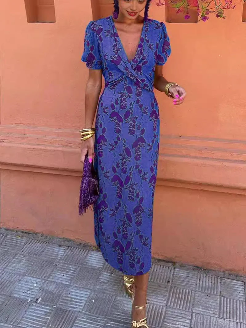 Women's Ruched Maxi Dress – V-Neck Short Sleeve, Form-Fitting Printed Elegant - Image 2