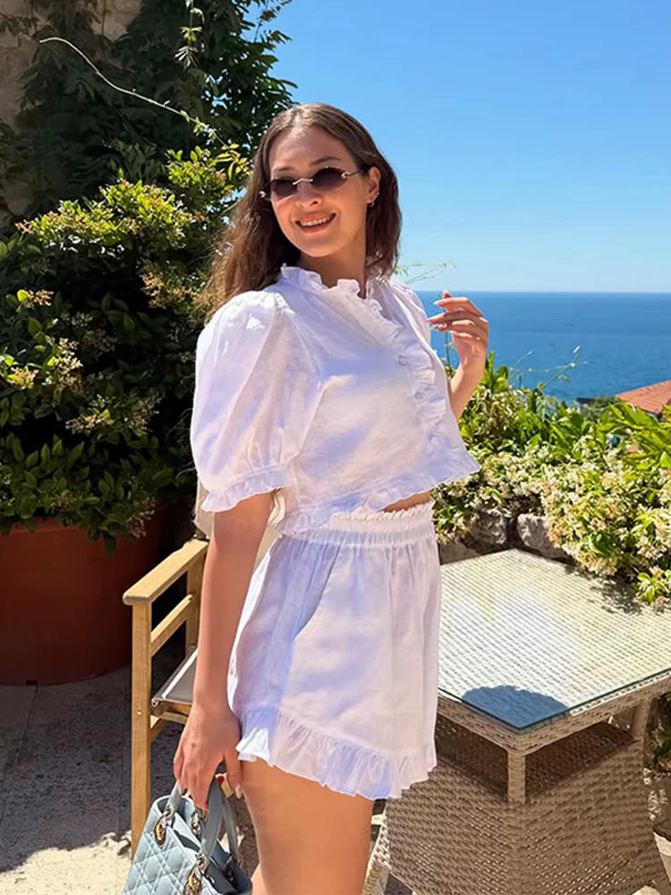 Women's Ruffled Linen-Blend Cropped Blouse & Shorts Set - Image 3