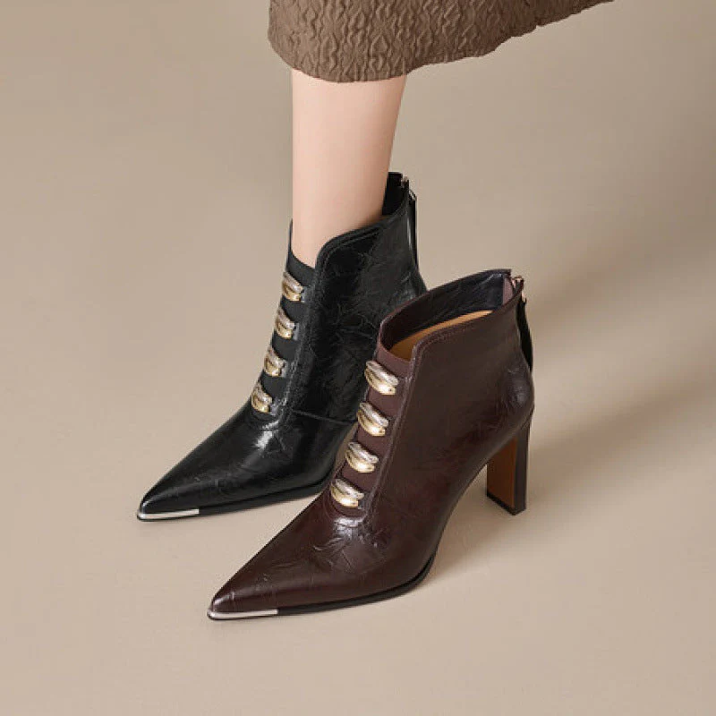 Women's Satin Pointed Toe Chunky Heel Short Boots – Ultra High Heel - Image 4