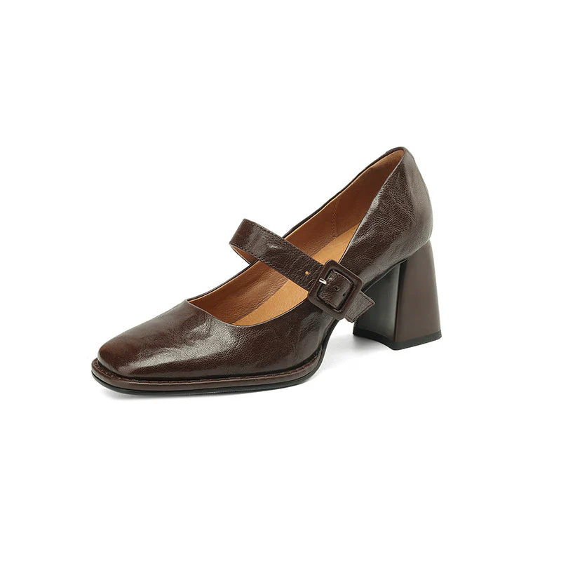 Women's Sheepskin Mary Jane Heels – Square Toe Chunky Heel Buckle Pumps - Image 6