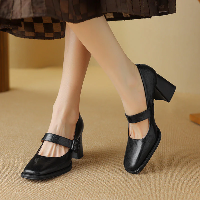 Women's Sheepskin Mary Jane Heels – Square Toe Chunky Heel Buckle Pumps - Image 4