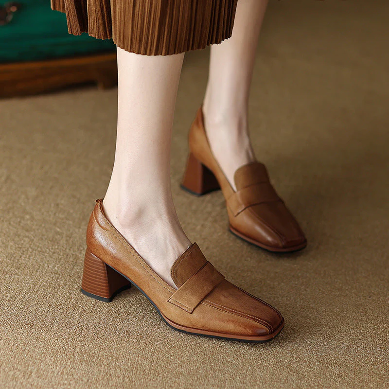 Women's Sheepskin Square Toe Chunky Heel Pumps – Retro High Heel Dress Shoes - Image 7