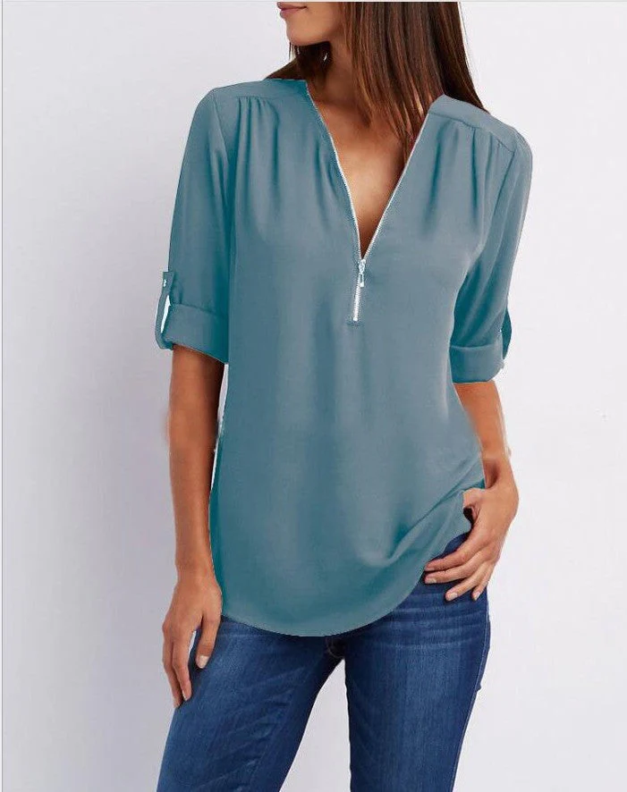 Women's Short-Sleeve Zip V-Neck Loose Top - Image 4