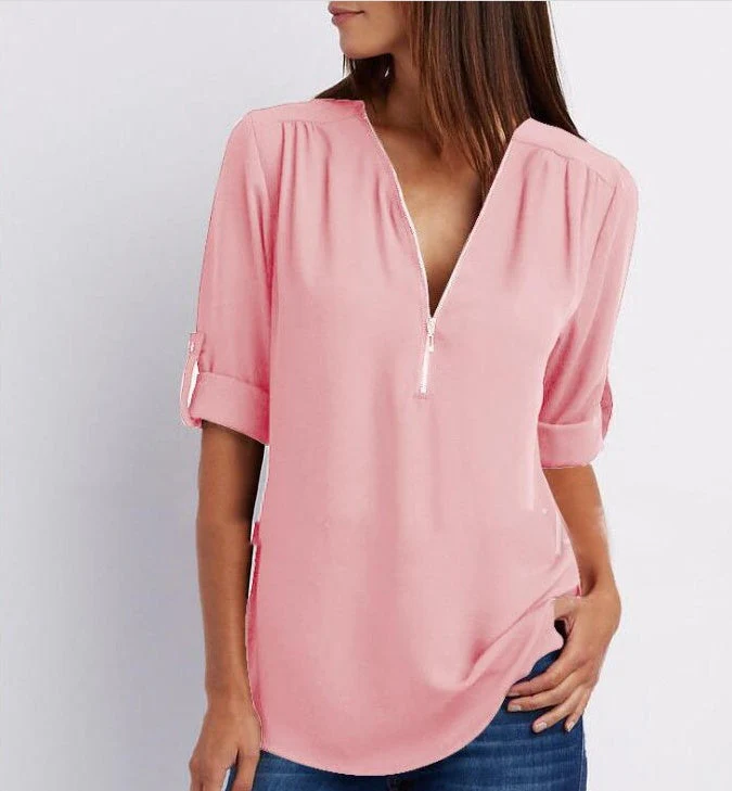 Women's Short-Sleeve Zip V-Neck Loose Top - Image 5
