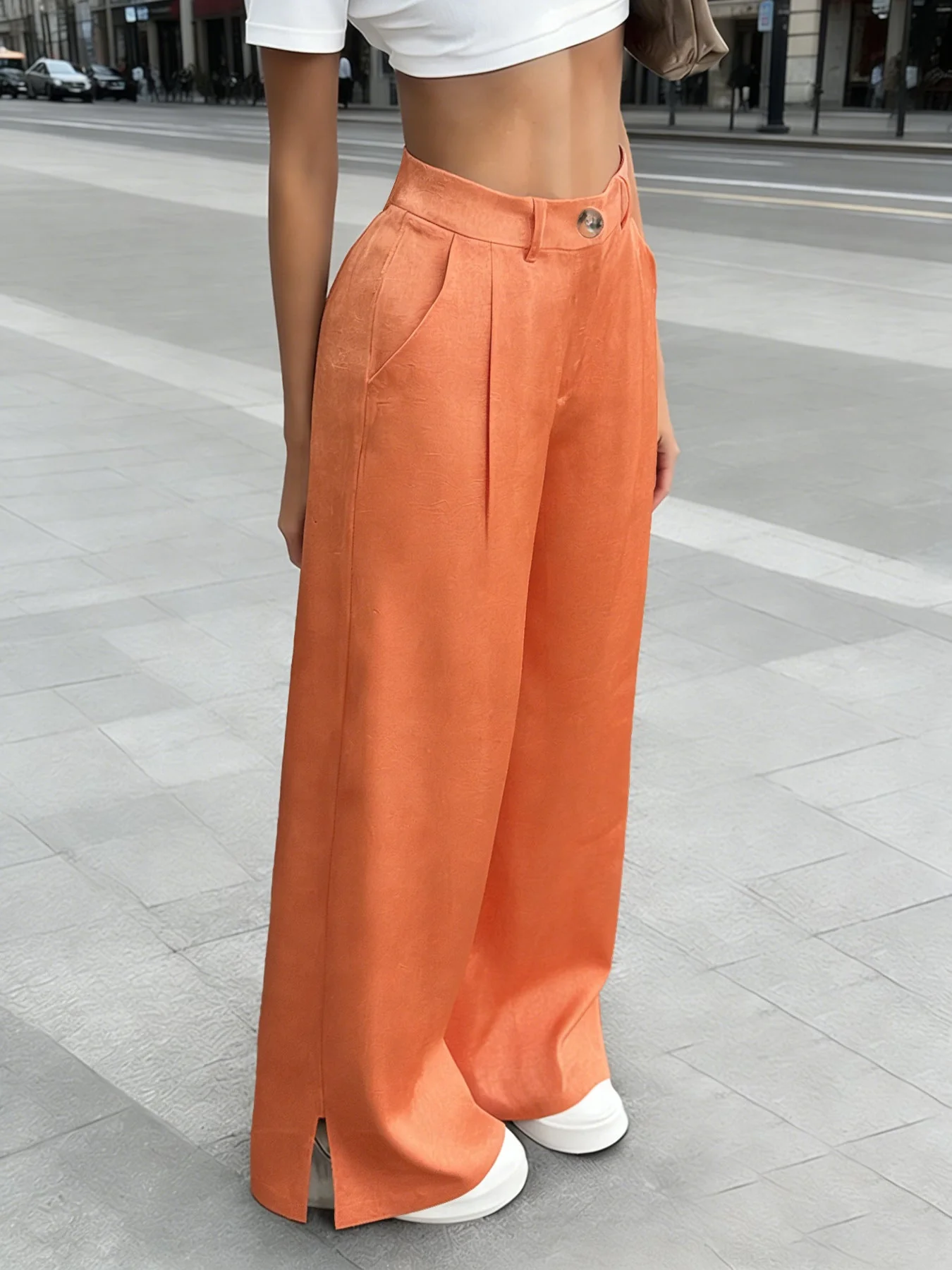 Women's Silky Satin Wide-Leg Trousers – High-Waist Pocket Pants - Image 5