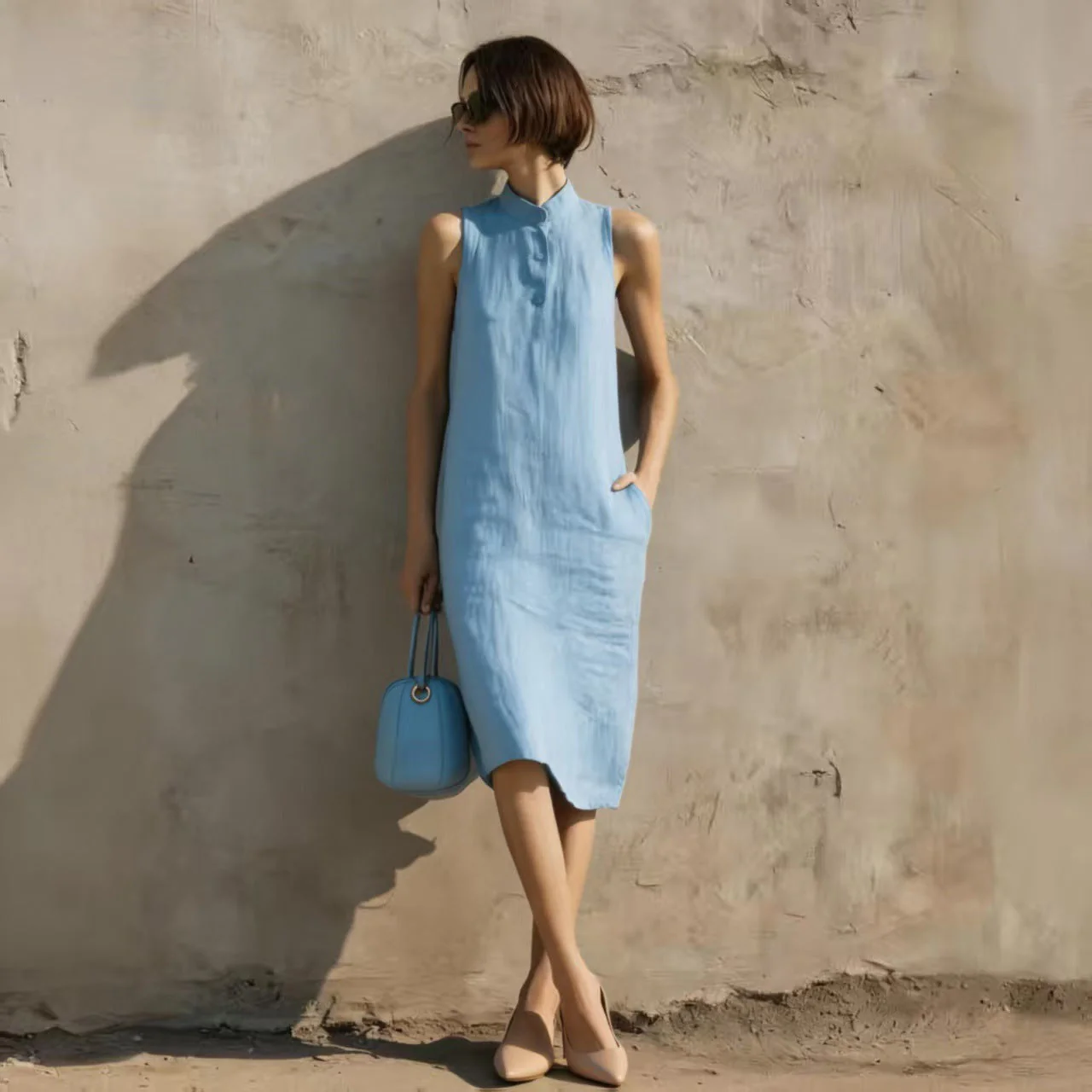 Women's Sleeveless A-Line Midi Dress – Solid Color Cotton Linen Casual - Image 3