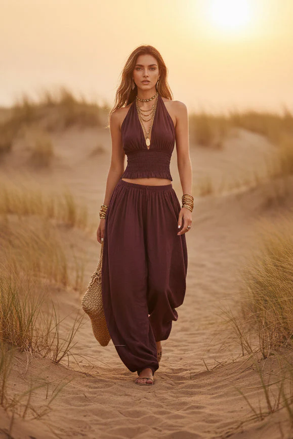 Women's Sleeveless Backless Halter Top & Wide-Leg Pants Set - Image 2