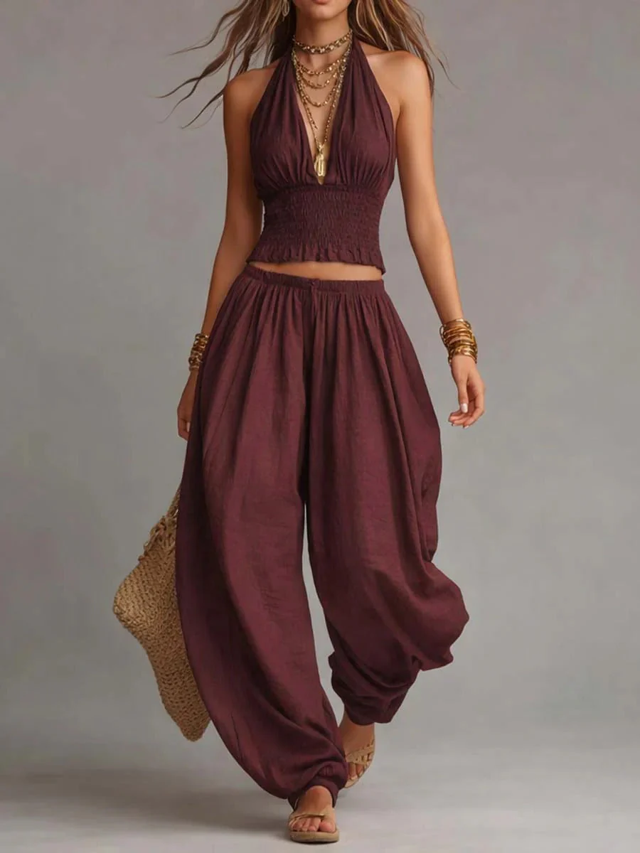 Women's Sleeveless Backless Halter Top & Wide-Leg Pants Set - Image 4