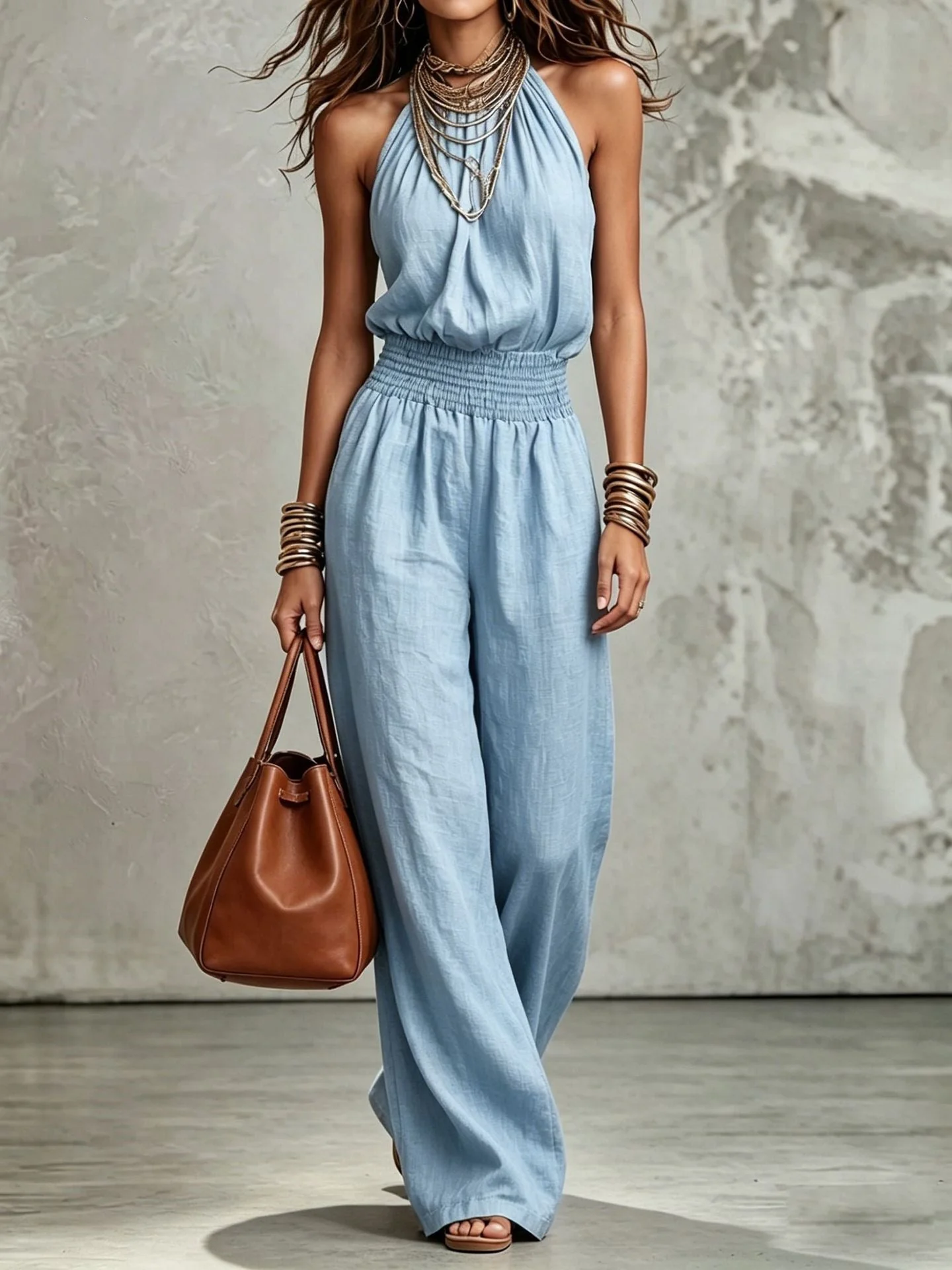Women's Sleeveless Backless Lace-Up Halter Wide-Leg Jumpsuit - Image 9