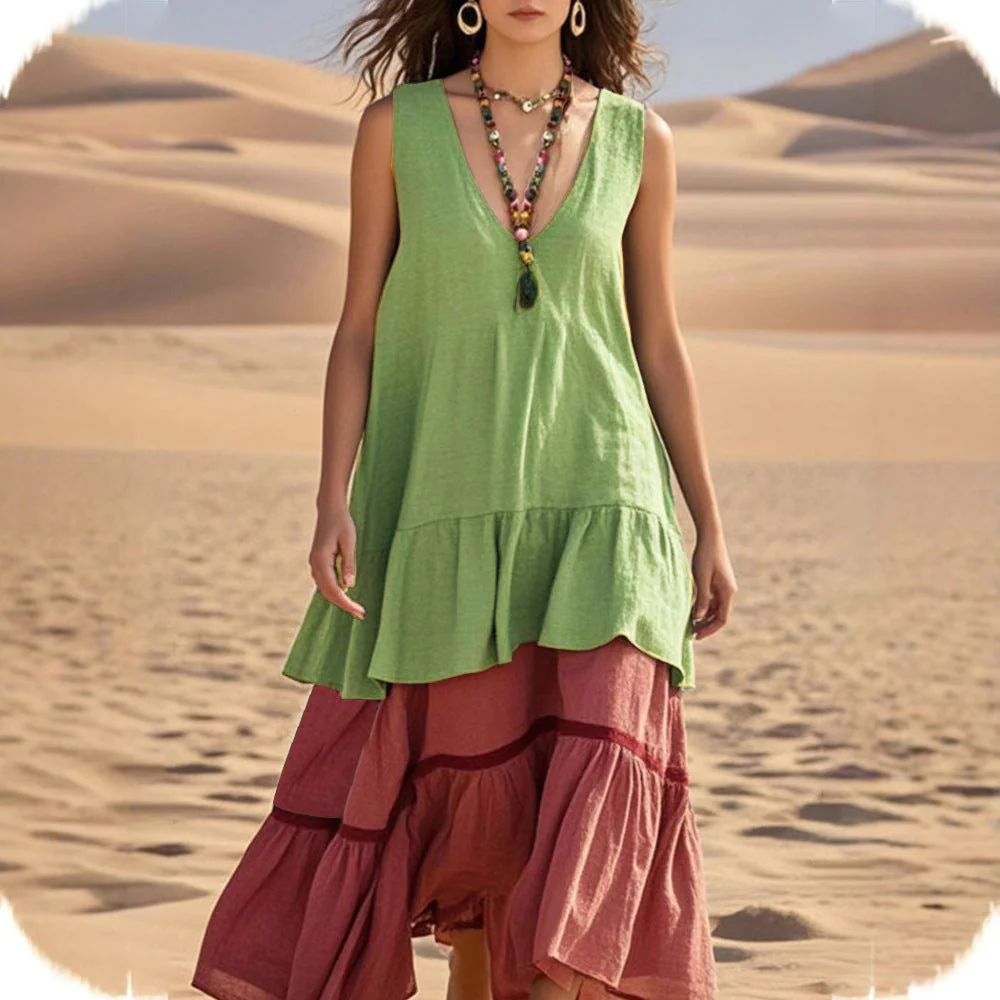 Women's Sleeveless Color-Block Patchwork Maxi Dress – V-Neck - Image 3