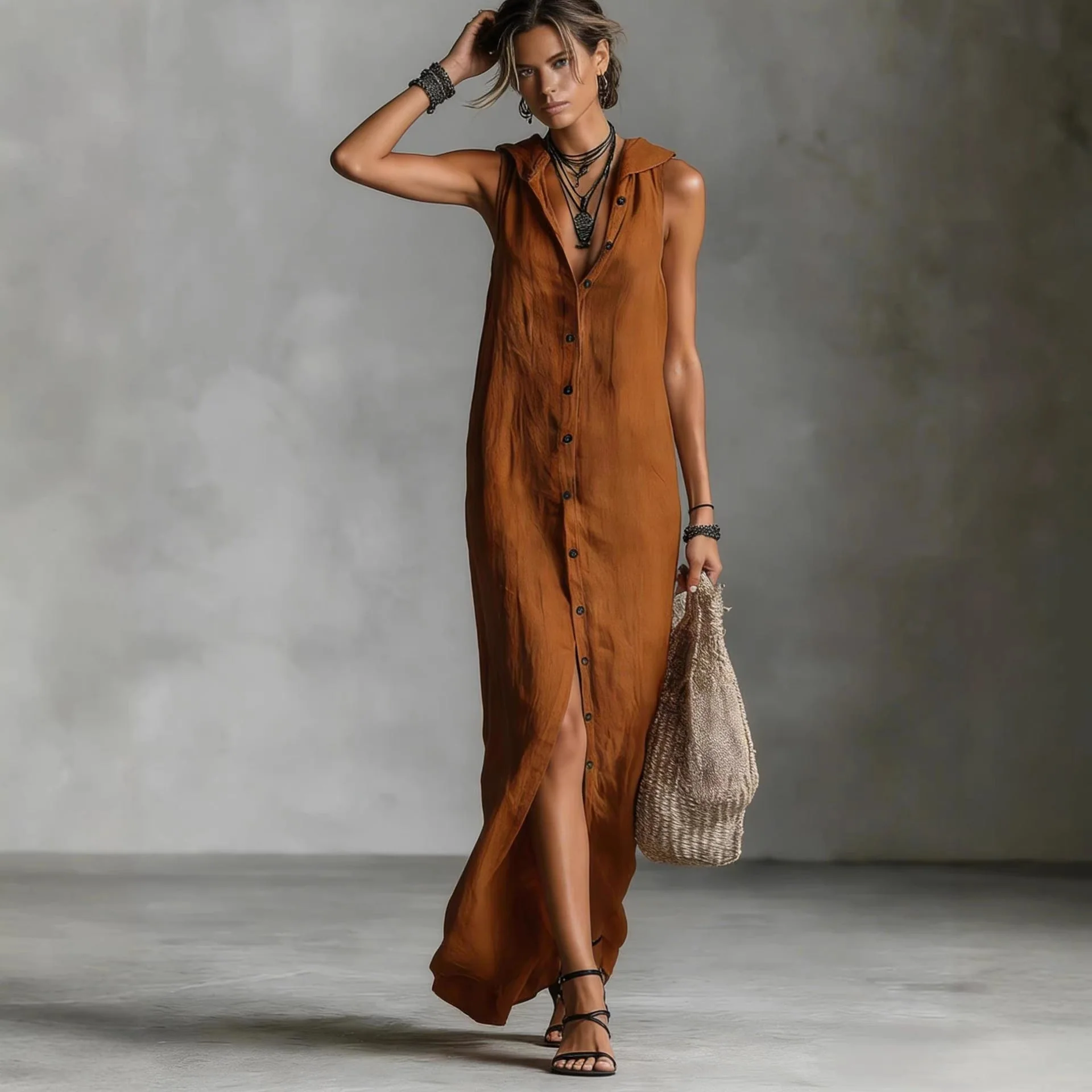 Women's Sleeveless Deep V-Neck Hooded Loose Maxi Dress – 6 Colors XS–3XL - Image 4