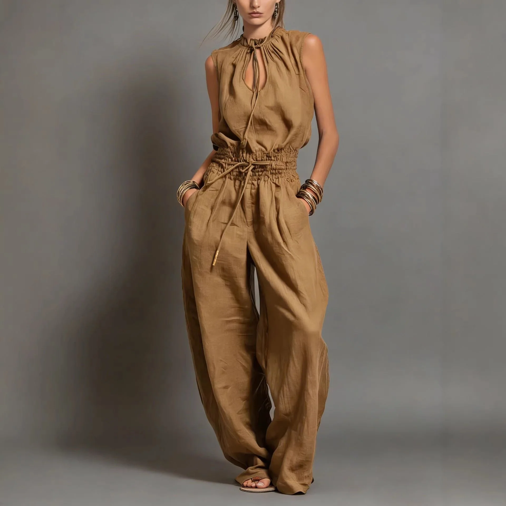 Women's Sleeveless High-Waist Wide-Leg Pleated Jumpsuit - Image 7