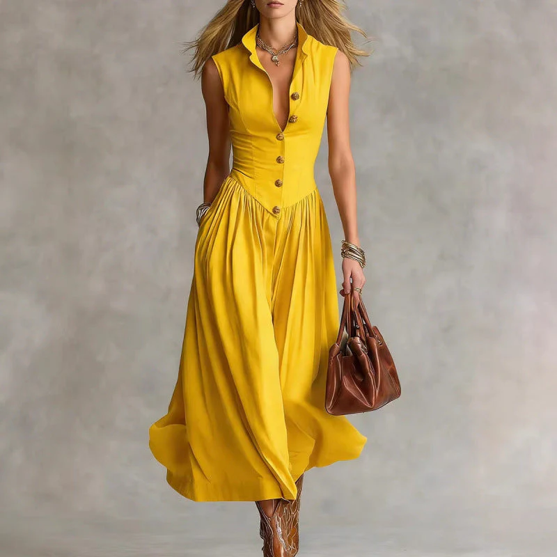 Women's Sleeveless Lapel Collar Maxi Dress – Slim Fit Patchwork - Image 4