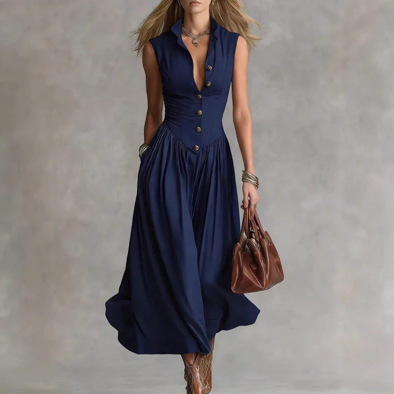 Women's Sleeveless Lapel Collar Maxi Dress – Slim Fit Patchwork - Image 5