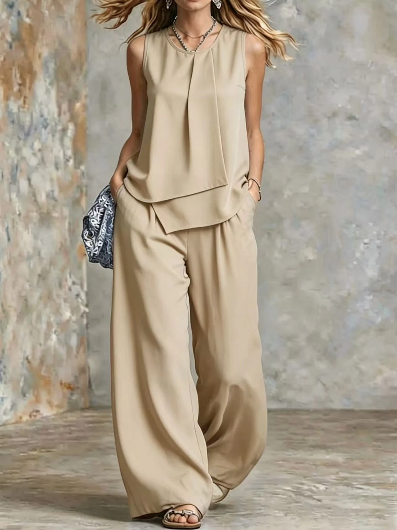 Women's Sleeveless Two-Piece Set – Solid Color Wide-Leg Pants & Top - Image 13
