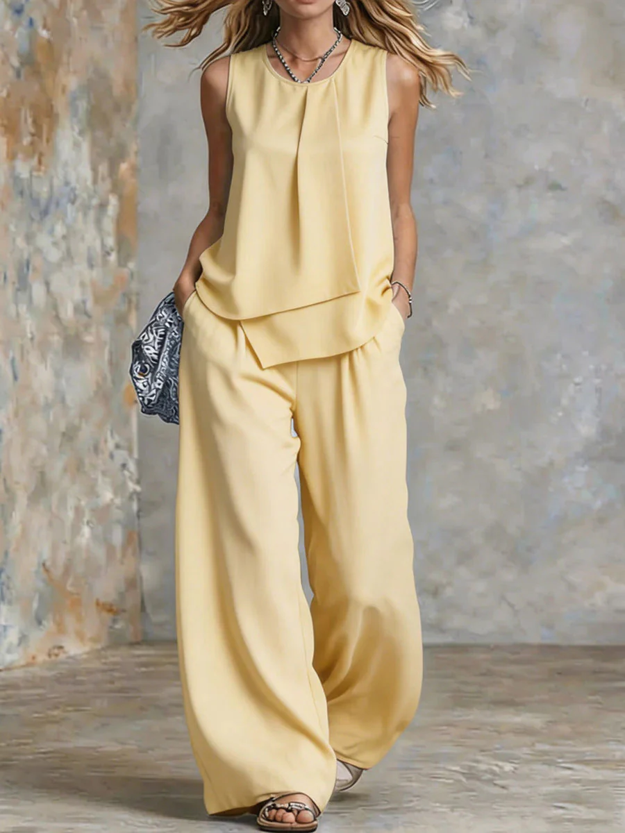 Women's Sleeveless Two-Piece Set – Solid Color Wide-Leg Pants & Top - Image 3