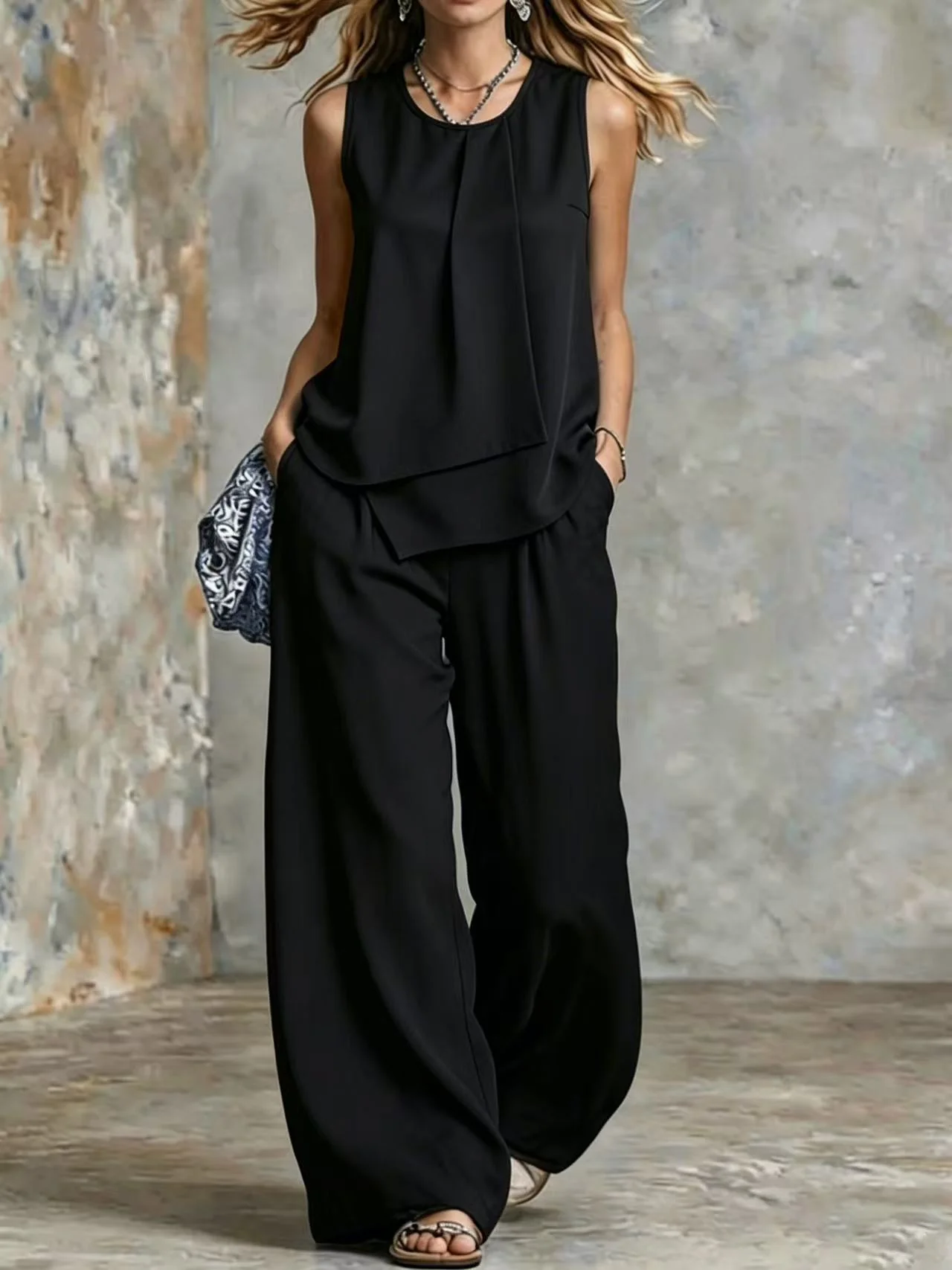 Women's Sleeveless Two-Piece Set – Solid Color Wide-Leg Pants & Top - Image 9