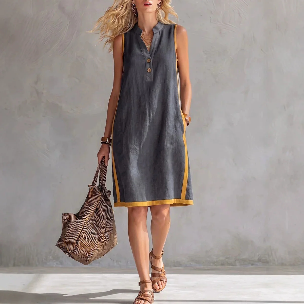 Women's Sleeveless V-Neck Button-Front Pocketed A-Line Midi Dress - Image 6